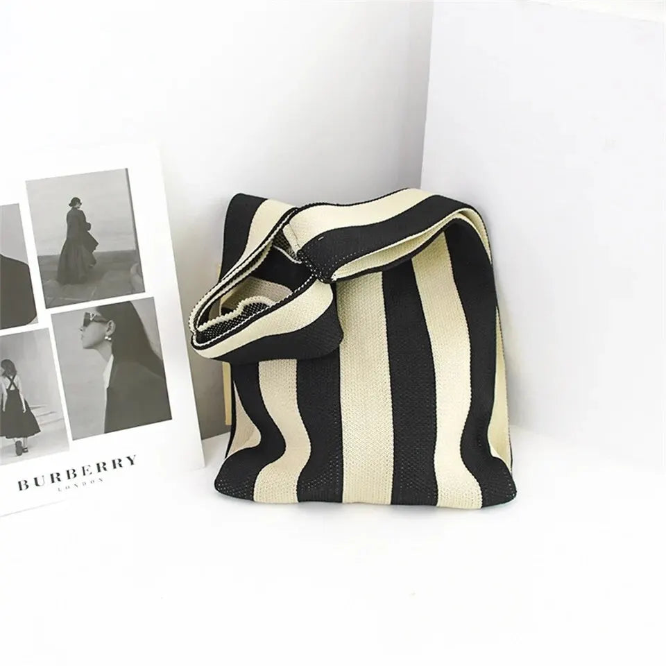 Handmade Knit Handbag Mini Knot Wrist Bag Casual Color Wide Stripe Plaid Tote Bag Reusable Shopping Bags