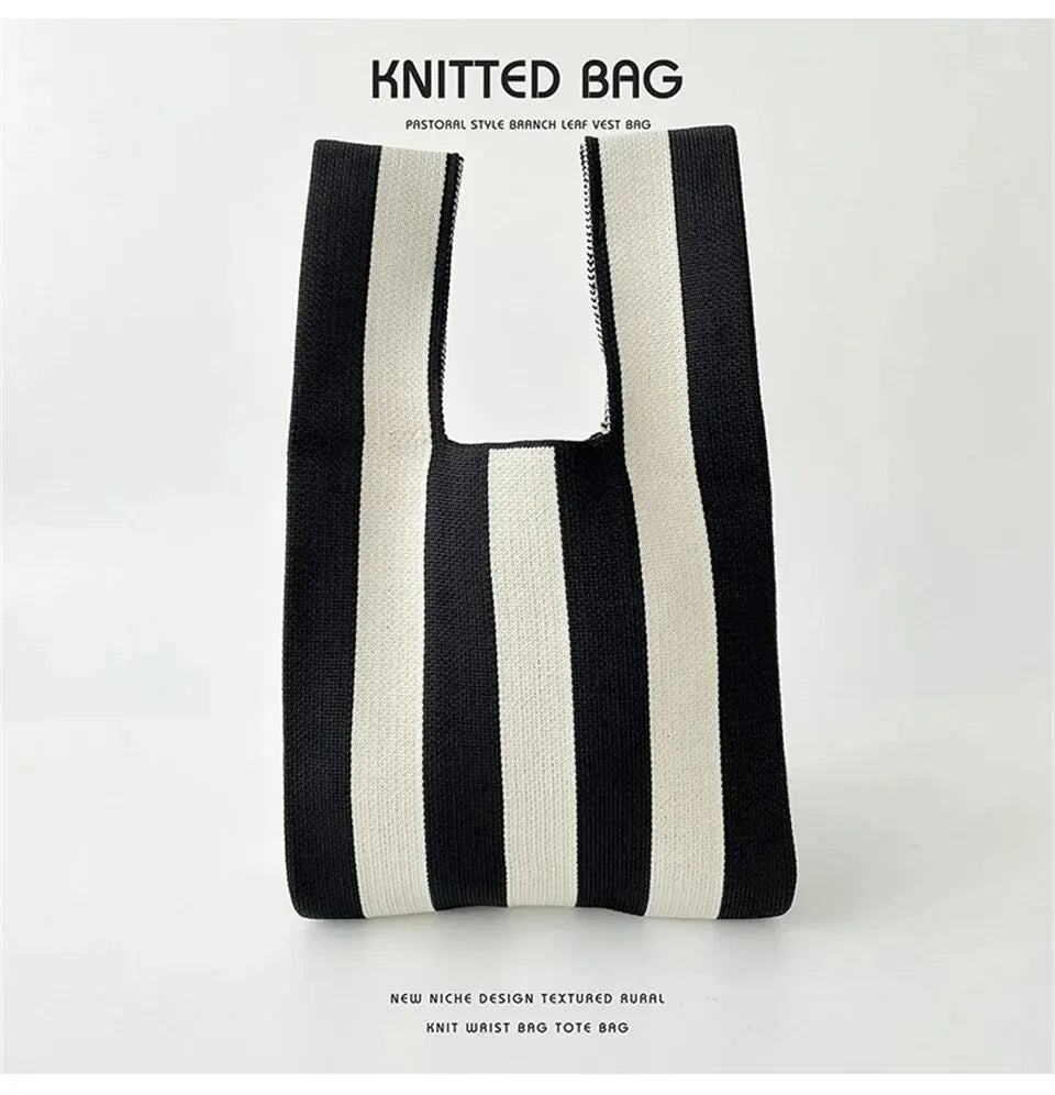 Handmade Knit Handbag Mini Knot Wrist Bag Casual Color Wide Stripe Plaid Tote Bag Reusable Shopping Bags