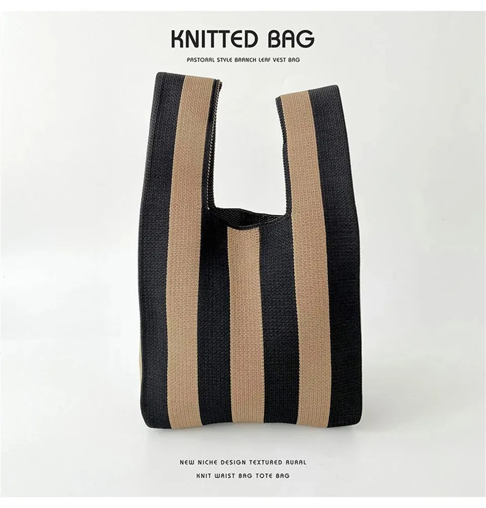 Handmade Knit Handbag Mini Knot Wrist Bag Casual Color Wide Stripe Plaid Tote Bag Reusable Shopping Bags