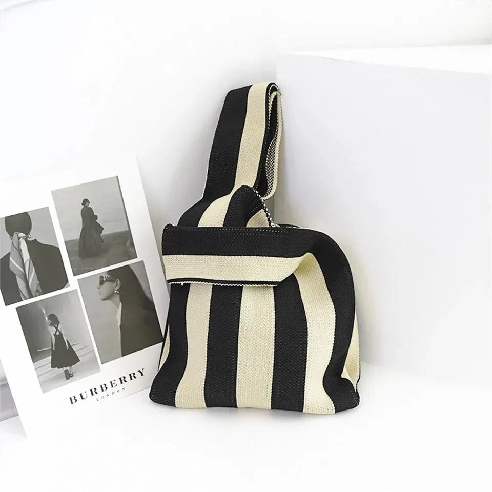 Handmade Knit Handbag Mini Knot Wrist Bag Casual Color Wide Stripe Plaid Tote Bag Reusable Shopping Bags