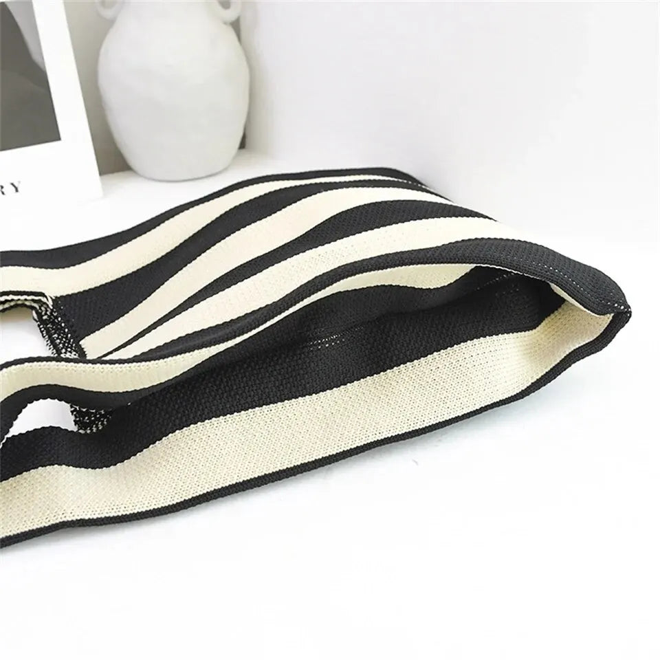 Handmade Knit Handbag Mini Knot Wrist Bag Casual Color Wide Stripe Plaid Tote Bag Reusable Shopping Bags