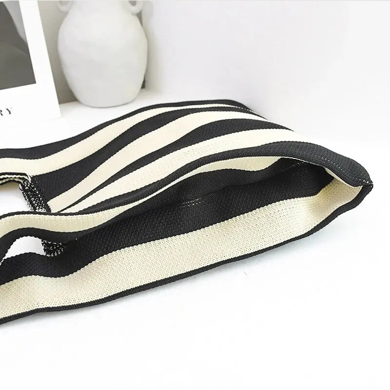 Handmade Knit Handbag Mini Knot Wrist Bag Casual Color Wide Stripe Plaid Tote Bag Reusable Shopping Bags