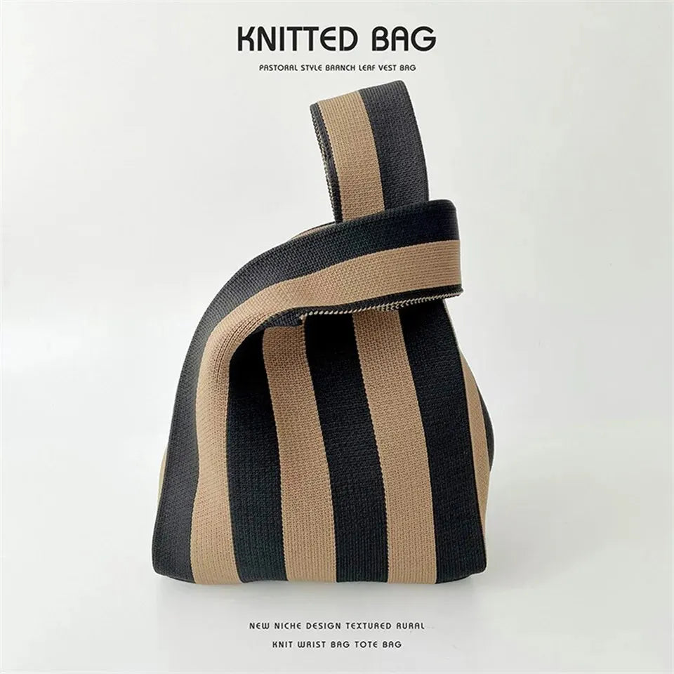 Handmade Knit Handbag Mini Knot Wrist Bag Casual Color Wide Stripe Plaid Tote Bag Reusable Shopping Bags