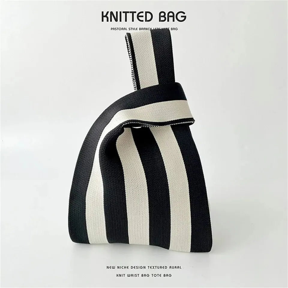 Handmade Knit Handbag Mini Knot Wrist Bag Casual Color Wide Stripe Plaid Tote Bag Reusable Shopping Bags