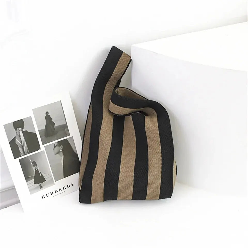 Handmade Knit Handbag Mini Knot Wrist Bag Casual Color Wide Stripe Plaid Tote Bag Reusable Shopping Bags