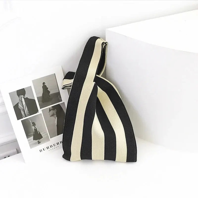 Handmade Knit Handbag Mini Knot Wrist Bag Casual Color Wide Stripe Plaid Tote Bag Reusable Shopping Bags